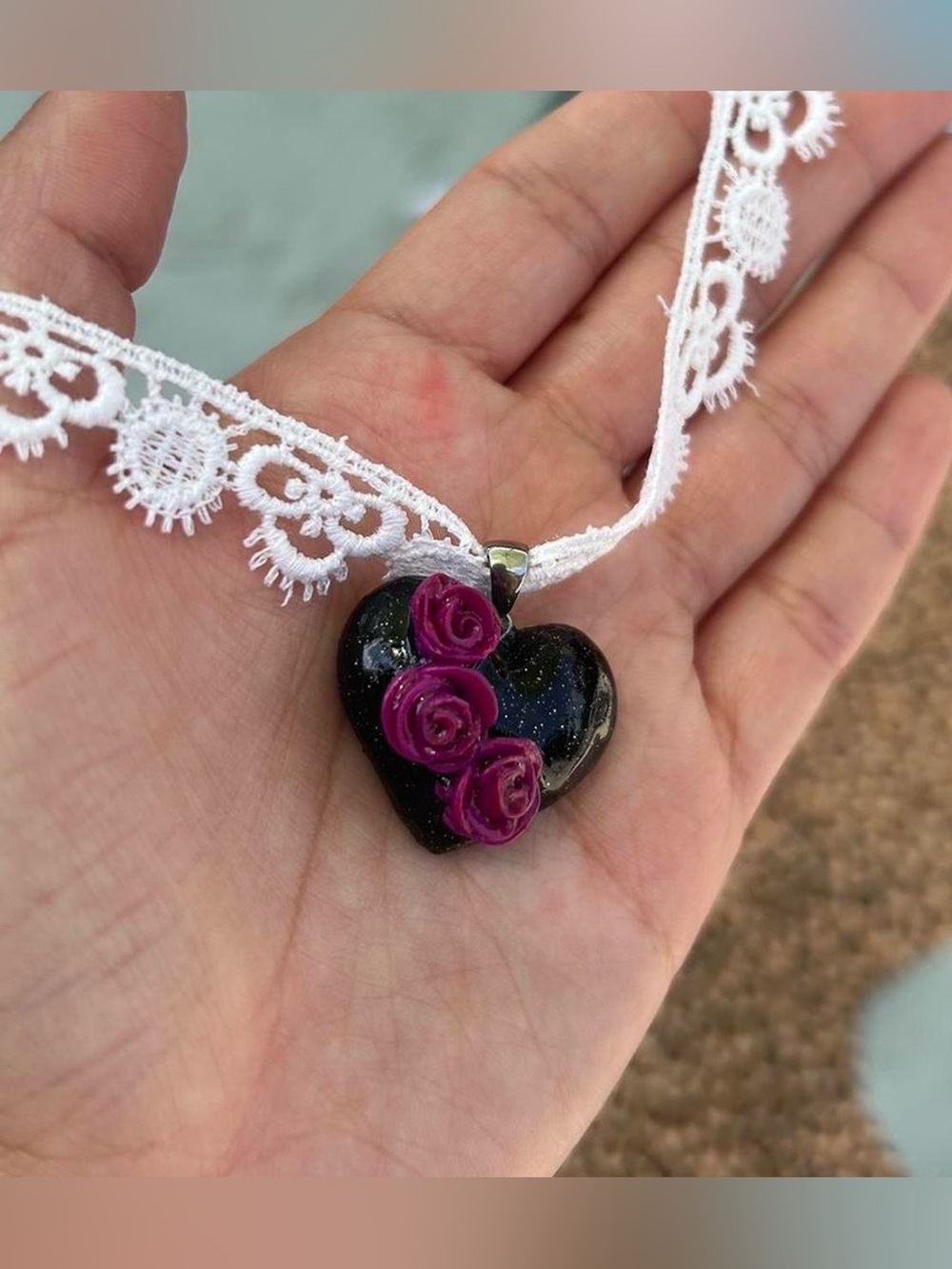 Handcrafted Black Heart Pendant Necklace with Pink Rose Accents
